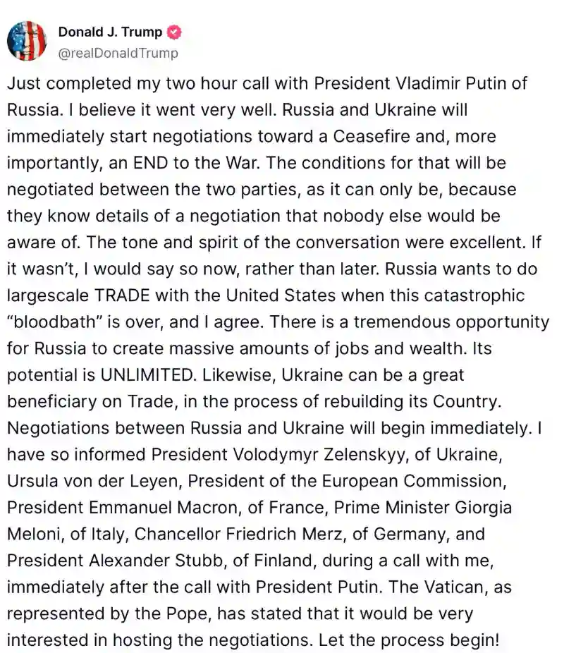 Трамп після розмови з Путіним заявив про початок переговорів між Росією та Україною