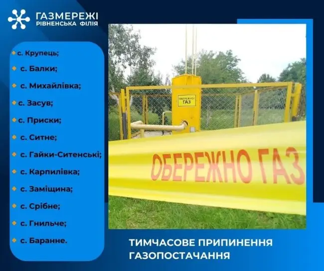 У частині Крупецької громади тимчасово припинять подачу газу